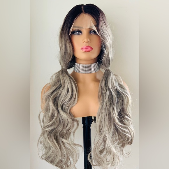 Long Gorgeous 28” Ombre Grey Premium Fiber Lace Front Wig for Daily Wear/Events - Picture 2 of 8